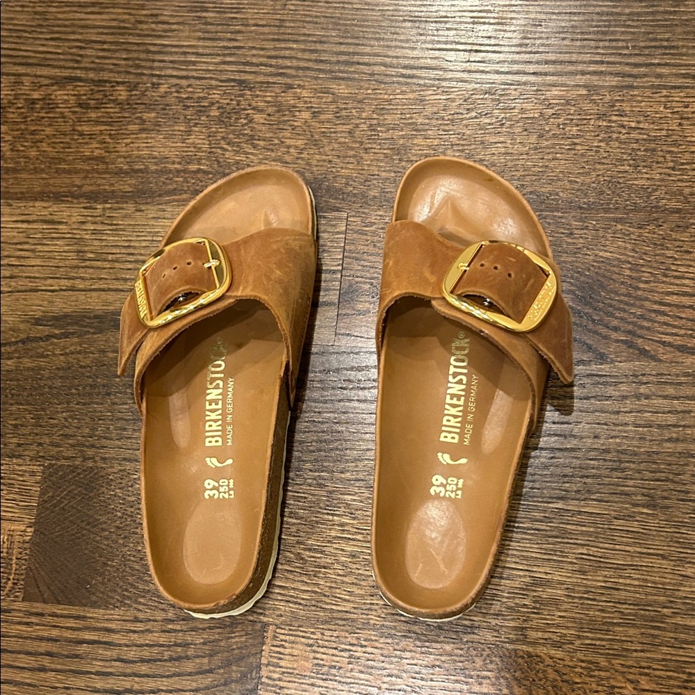 Birkenstock Tan Slides with Gold Buckle